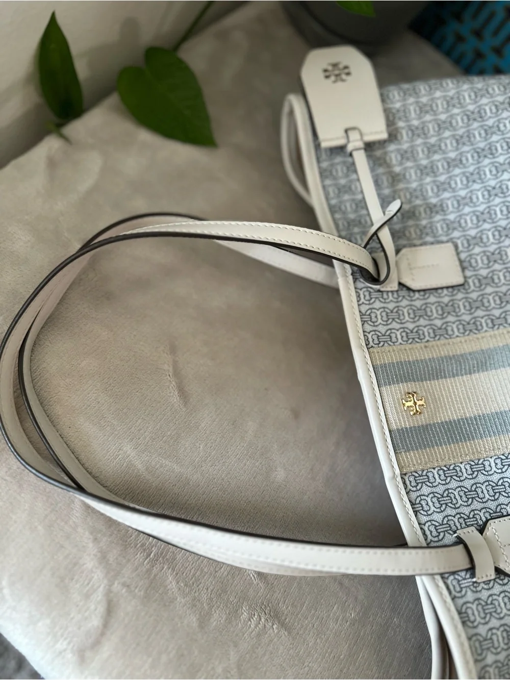 Tory Burch White & Light Blue Logo Stripe Tote